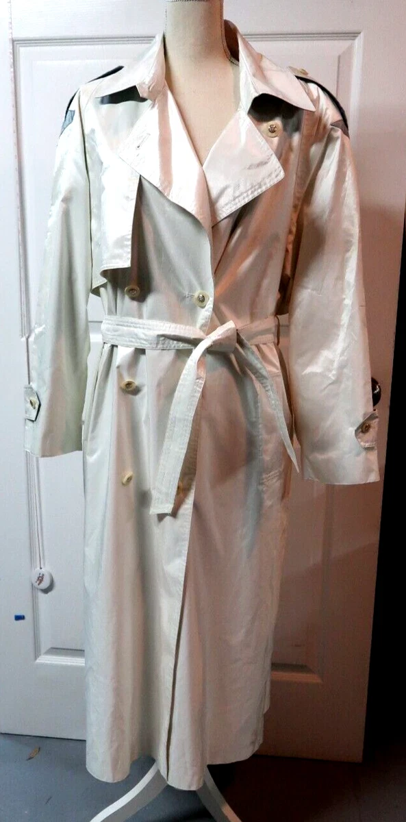 White Long Trench Coat Blue Trim British Mist Women 14 Pocket Belted ShimmerRain