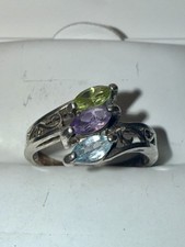 Vintage Solid Sterling Silver Marquise-Cut Mixed Natural Gemstone Ring Size 8
