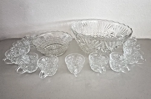 13 pc. Glass Punch Bowl Cup Set Small & Large Vintage Anchor Hocking Arlington