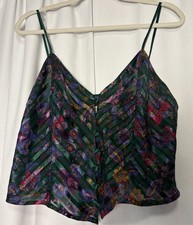 Vintage Victoria  s Secret Gold Label Green Floral Satin Button Lace Tank Size M