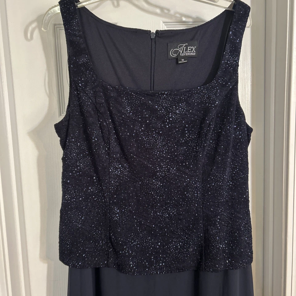 Alex Evenings 假日闪光雪纺正式长裙海军蓝 16 — 第 3/4 张图片