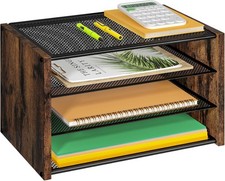 3-Tier Paper Letter Tray, Wooden Desk File Organizer, Stackable Metal Mesh Desk