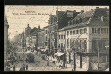 Karlsruhe, westl. Kaiserstrasse mit Strassenbahn, Ansichtskarte 1906 