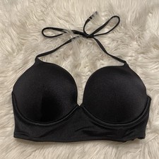 Victorias Secret 32D Bikini Top Black Bombshell Halter Underwire Back Close Swim