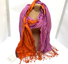 IN-STYLE 100 Silk 2-Tone Neck Shoulder Scarf w/Fringe Orange/Mauve 74" L India