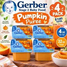 Gerber Stage 2 Pumpkin Puree Baby Food 4 Pack, 8 oz Each, 4 x 2PK Tubs