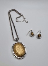 Gold / Silver Tone Metal Pendant Necklace Dangle Earrings Set Hammered Look