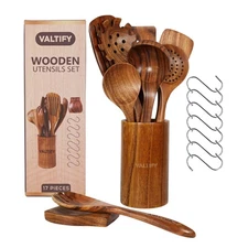 Kitchen Utensil Set | 17-Piece Wooden Cooking Utensils with Holder & Hooks | ...