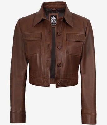 Womens Real LambSkin leather Cognac Brown Cropped Trucker Jacket for Ladies Gift
