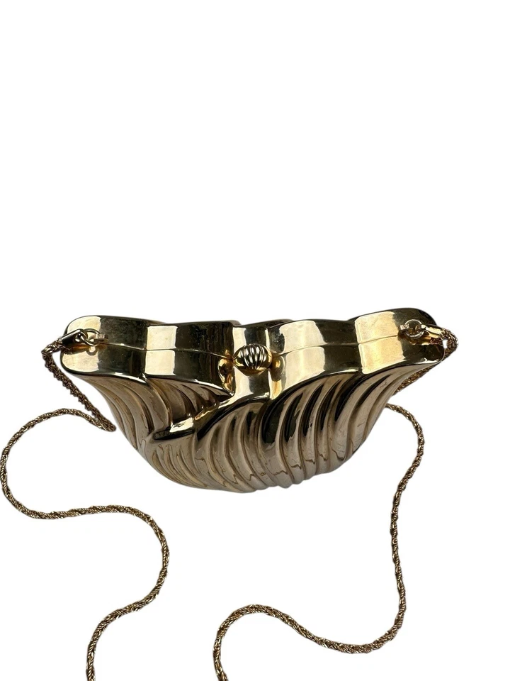 Bolso sin asas italiano vintage de metal dorado con carcasa de noche cadena Art Deco Minaudiere Foto 3 de 4