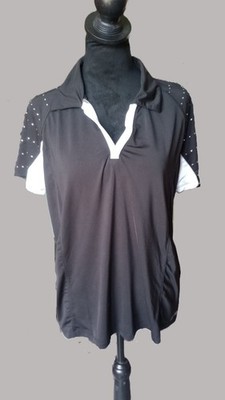IZOD Women's Cool FX Black/White Short Sleeve Athletic Top With Metal Rivets