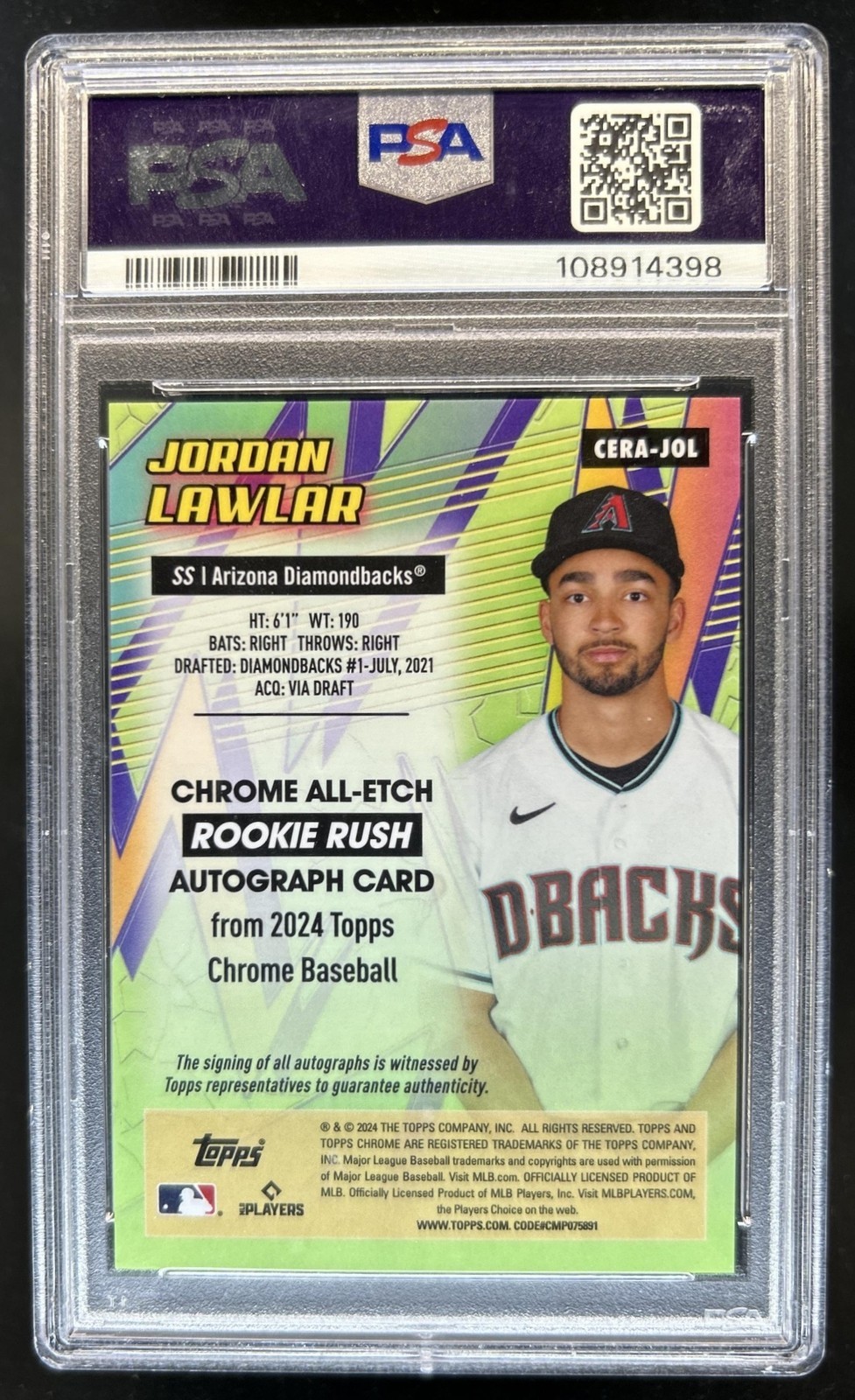 2024 Topps Chrome Jordan Lawlar All Etch Rookie Rush Auto #/99 #CERA-JOL PSA 10 view 2