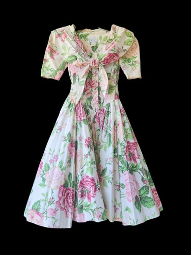 Vintage EXPO Kids Girls Floral Roses Print 100% Cotton Fit & Flare Dress Size 8 - Picture 2 of 21
