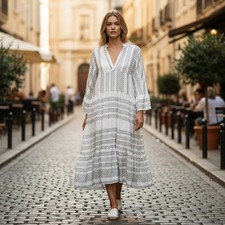 Silk & Salt Maxi Dress Geometric Tribal Tiered Bell Sleeve L White Sage Green