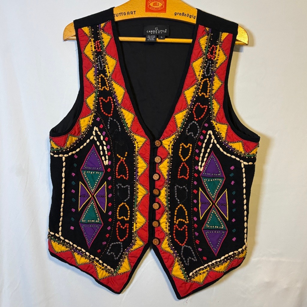 Carole Little Sport Beaded Boho Vest Black Multicolor Embroidered Cotton Size L