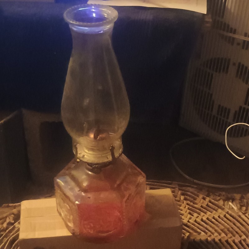 Vintage Glass Oil Lamp with Hurricane Chimney, Clear/Red, Wick, Glass/Metal