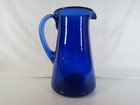Vintage Large Hand Blown 9.5" Cobalt Blue Glass Pitcher Applied Handle with Trim
