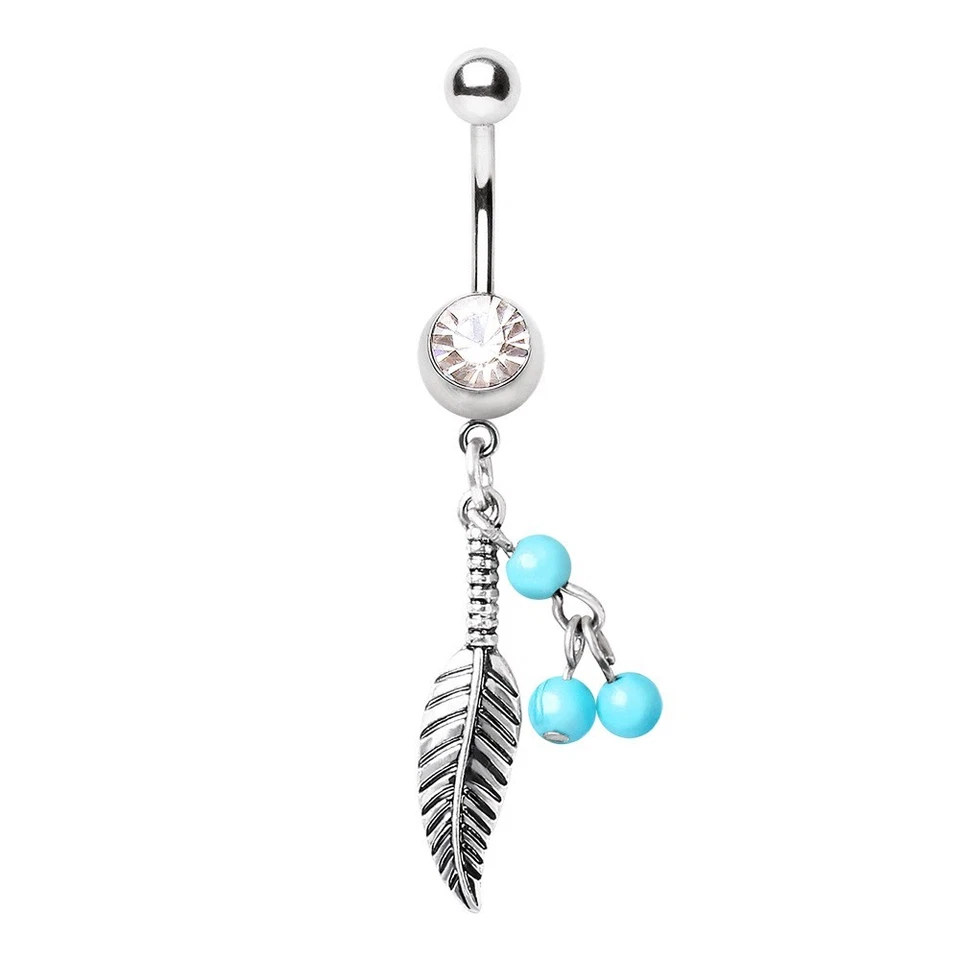 316L Surgical Steel Navel Ring with Feather and Bead Dangle - Image 2 of 2