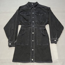 Free People Bo Black Long Sleeve Button Up Denim Jean Shirt Dress Duster-XS-2598