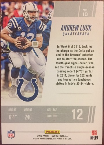 ANDREW LUCK - 2016 Score FRANCHISE Insert #10 - INDIANAPOLIS COLTS - Picture 2 of 2