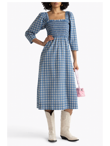 NWT Ganni Shirred Check Seersucker Midi Dress Blue - US 6 / DE 36