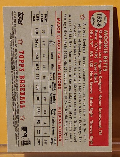 Mookie Betts Topps 2021 Series 1 Baseball 1952 Redux - T52-6 Los Angeles Dodgers - Picture 2 of 2