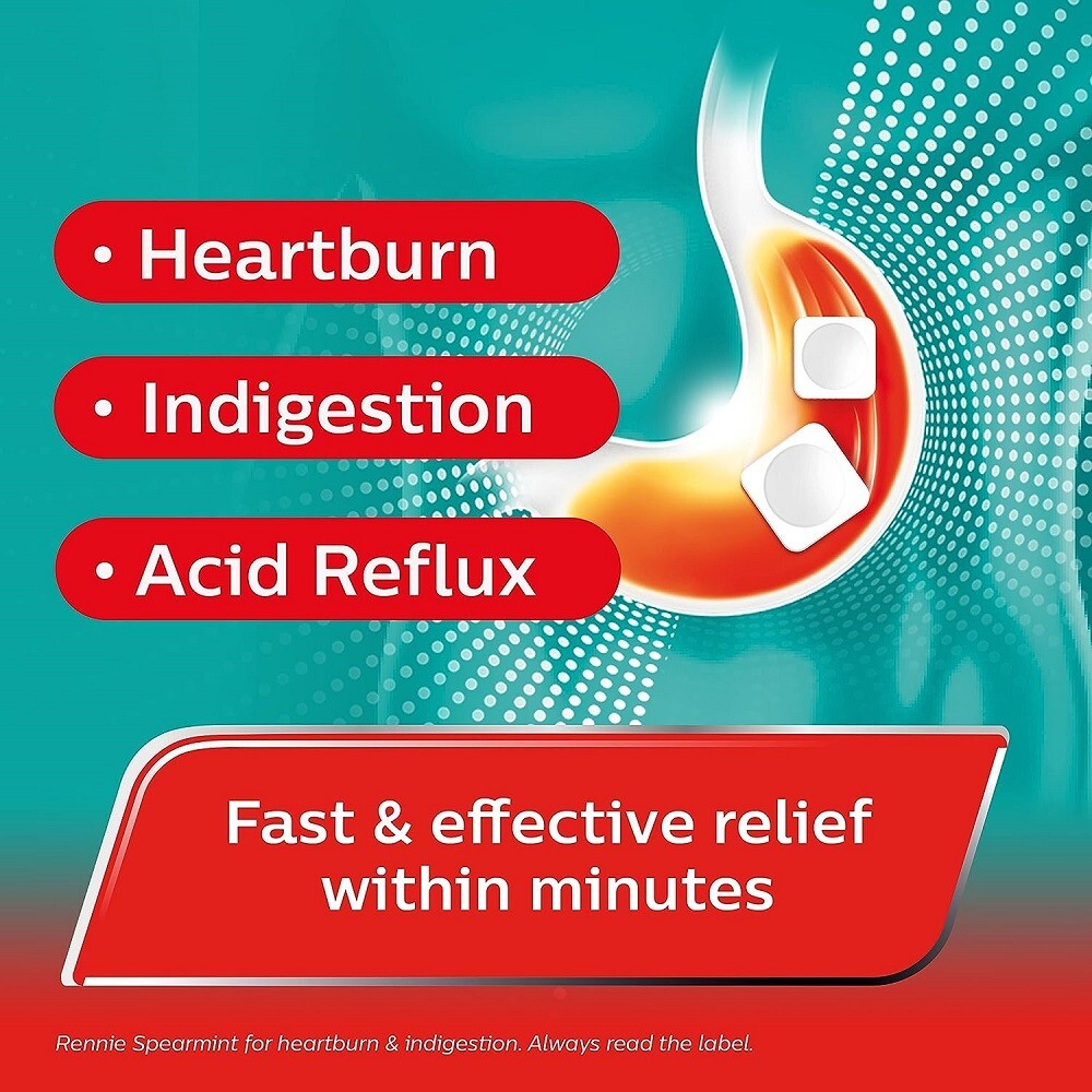 Rennie Antacids Spearmint Flavour Heartburn Relief Acid Reflux 72