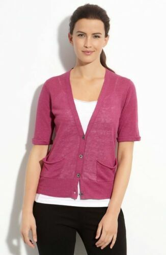 Ladies Eileen Fisher Cerise Raspberry Pink V Neck Linen Cardigan Sweater Size S - Picture 1 of 5