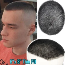 Mens Human Hair Toupee Ultra Thin Skin PU Hairpiece System Short Buzz Cut 6"X8"
