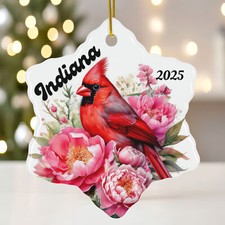Indiana Cardinal Ornament 2025   State Bird Ceramic Snowflake Holiday Gift