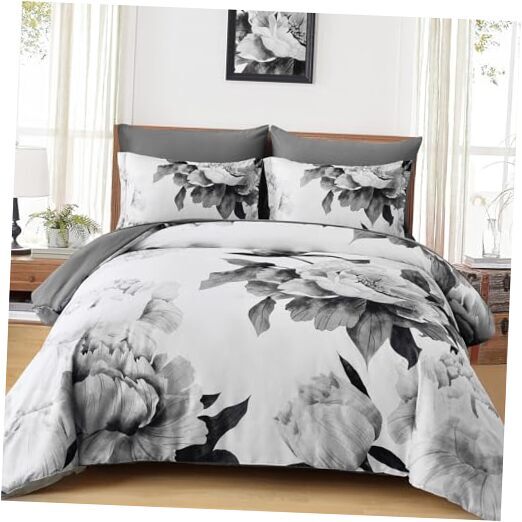Comforter Set 7 Piece Bed in a Bag, Gray Floral Printed on White Queen Grey