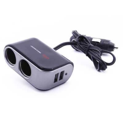 2 Way Dual DC Car Socket Cigarette Lighter Y Splitter w/ 2 USB Port 2A
