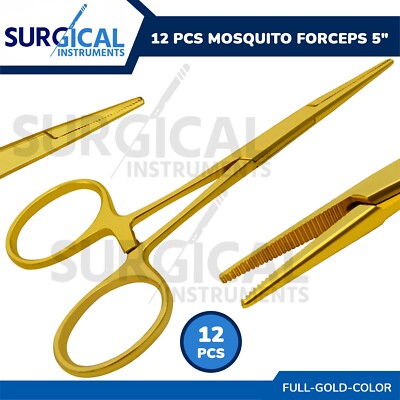 12 Pcs Mosquito Hemostat Forceps 5'' Straight Full Gold Surgical German Grade