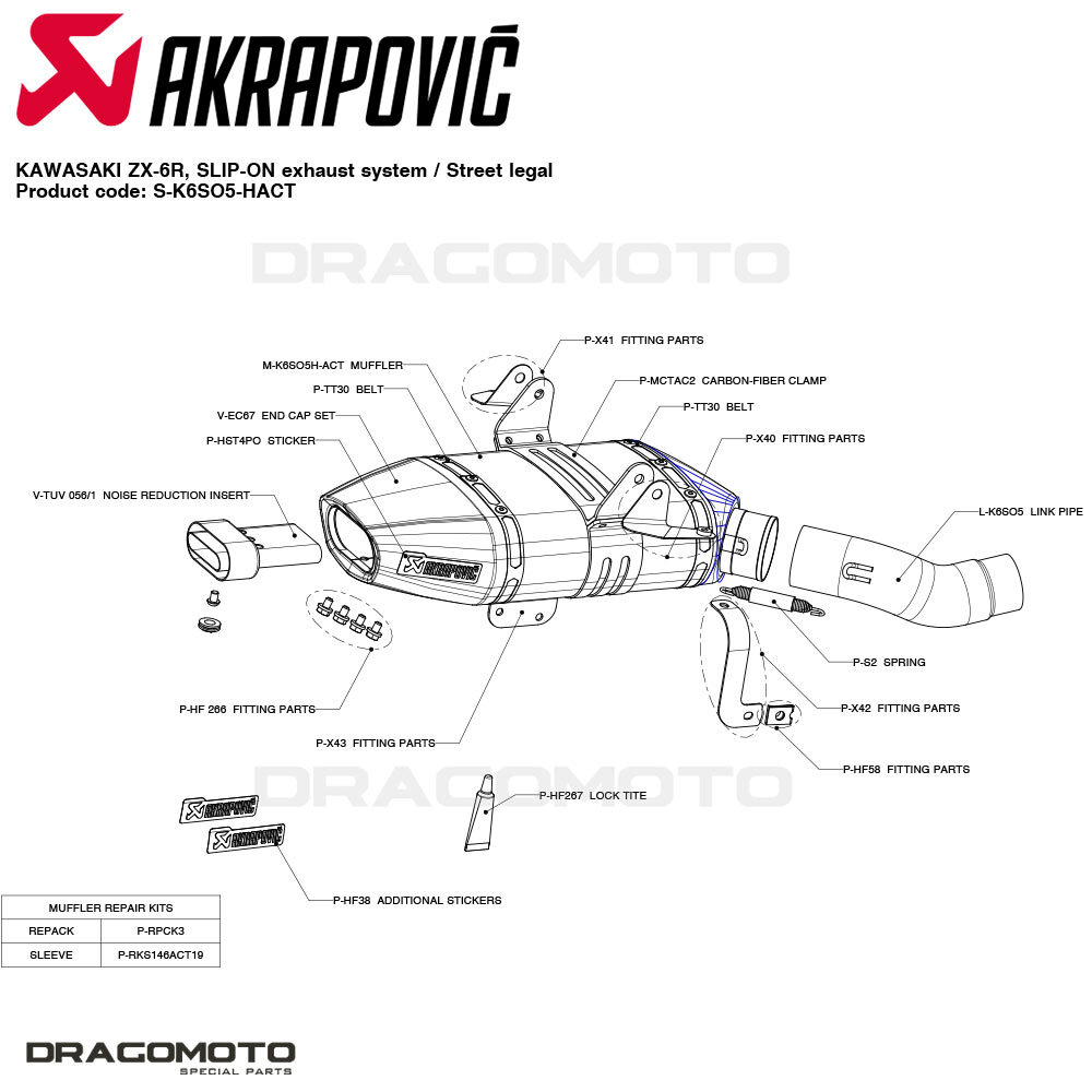 パーツ shinyea S-K6SO5-HACT TERMINALE AKRAPOVIC TITANIO KAWASAKI ZX-6R 2007