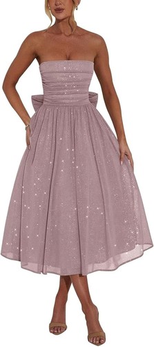 Vestido de graduación para mujer hasta el té sin tirantes formal noche fiesta vestidos con lazo - Imagen 21 de 150