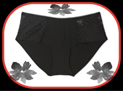 L   Dark NOIR Black w Daisy Lace NO SHOW Smooth Victorias Secret Hiphugger Panty