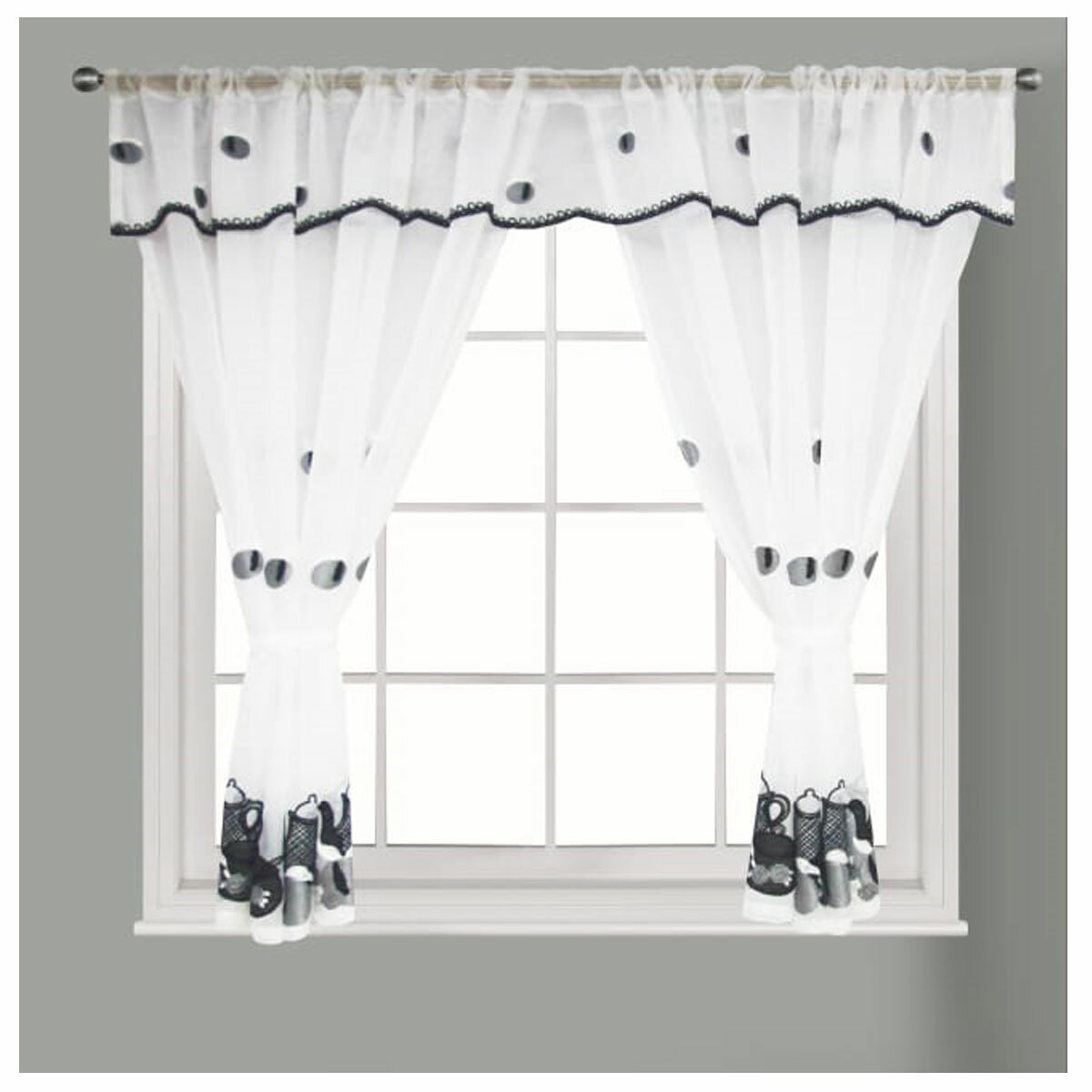 New Kitchen Curtain Window Curtain Net Set Rod Pocket Attached Valance Tiebacks 