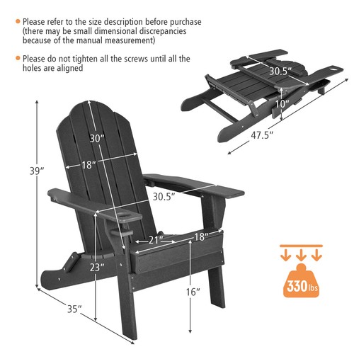 2PCS Patio Folding Adirondack Chair Weather Resistant Cup Holder Yard Black - Picture 2 of 8