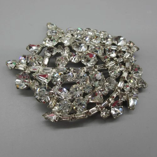 Vintage Rhinestone Brooch Large Statement Bold Clear Silver Tone Costume Jewelry
