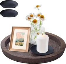 IHKFILAN Wooden Candle Holder Tray Round Decorative Plate Coffee Table Counter 