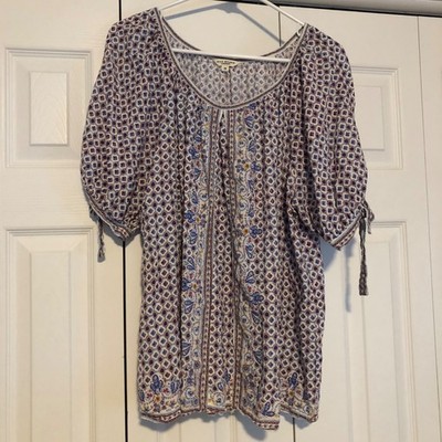 Max Studio London Geometric Pattern Blouse Womens Size 1X Peasant Boho Retro 70s