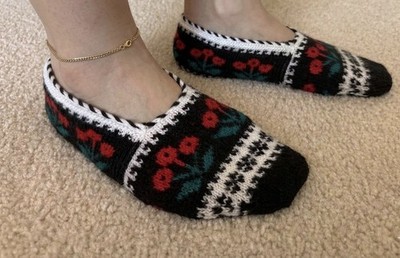 HandMadWomen s Knit Wool Ballet Slip-On Slippers Floral BlackWhite/Red/Green8.5