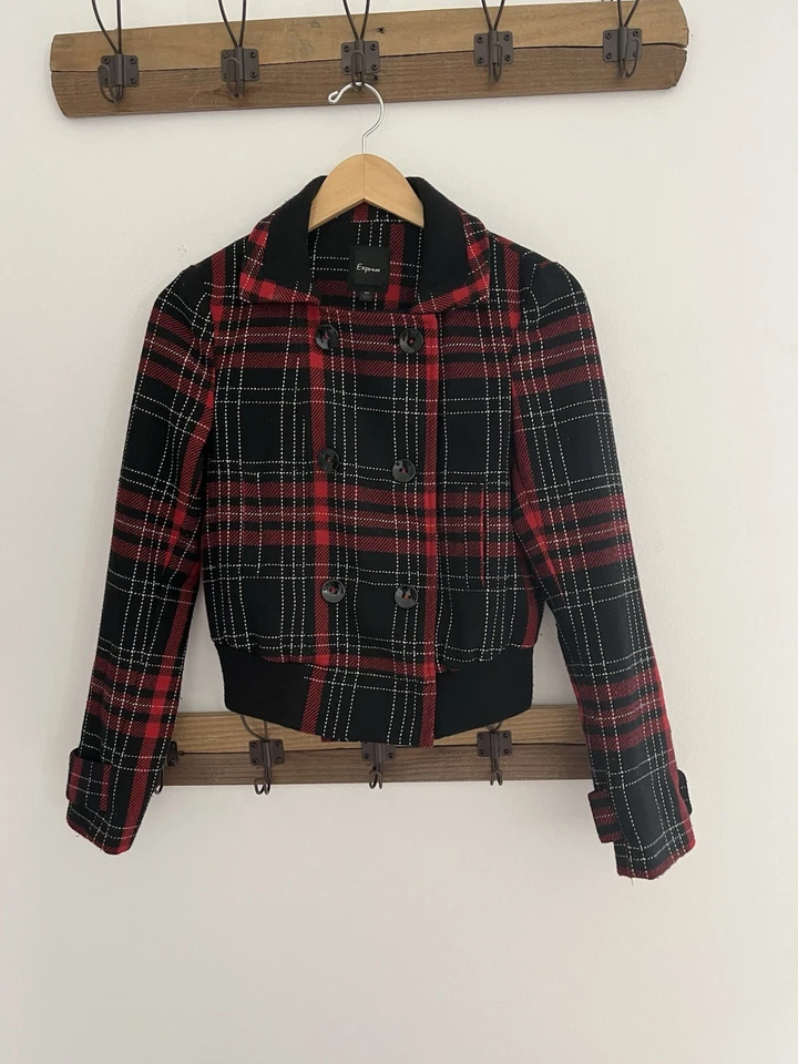 Chaqueta para mujer Express XS a cuadros mezcla de lana roja y negra Foto 4 de 4