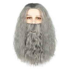 Wizard Wig and Beard Adult Men Long Curly Grey Funny Wig and Mustache for Hal...