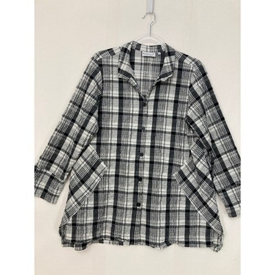 Habitat Button Down Medium Black White Plaid Crinkle Texture Pockets Lagenlook