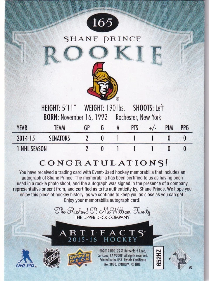 2015-16 Artifacts Jerseys Autographs #165 Shane Prince 21/125 RC - Image 2 of 2