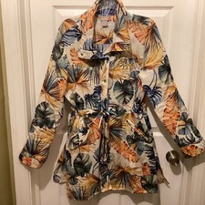 Chico's Tropical Linen Utility Jacket Women s Size 2 Palm Print Drawstring 12/14