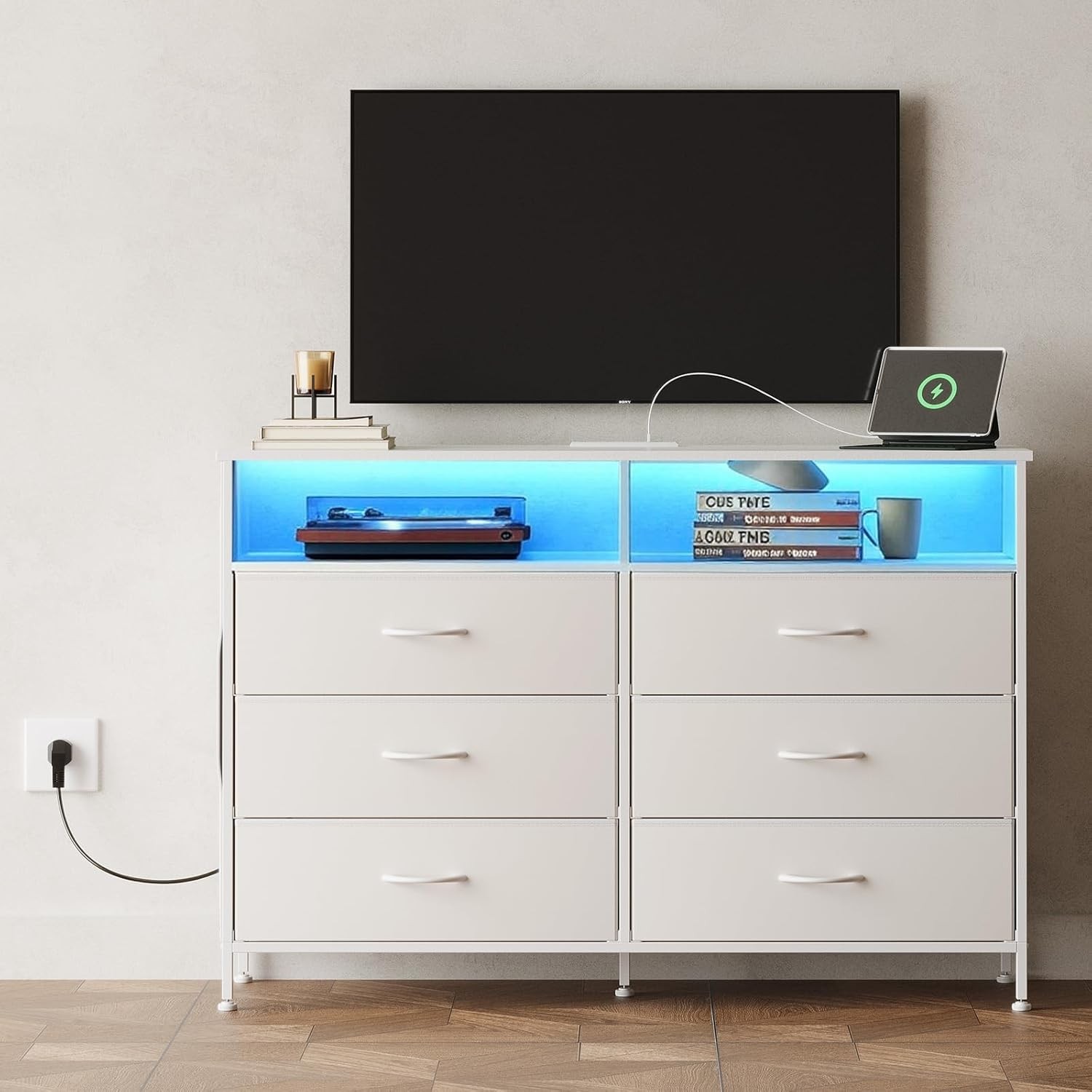 TV Stand Dresser for Bedroom with Charging Station Double Wide Drawer Organizer