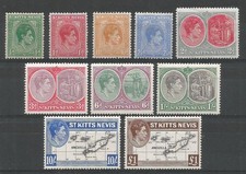 St Kitts-Nevis 1938-50 KGVI mint group including SG 77e 77f 10/ sh pound MLH/MHR