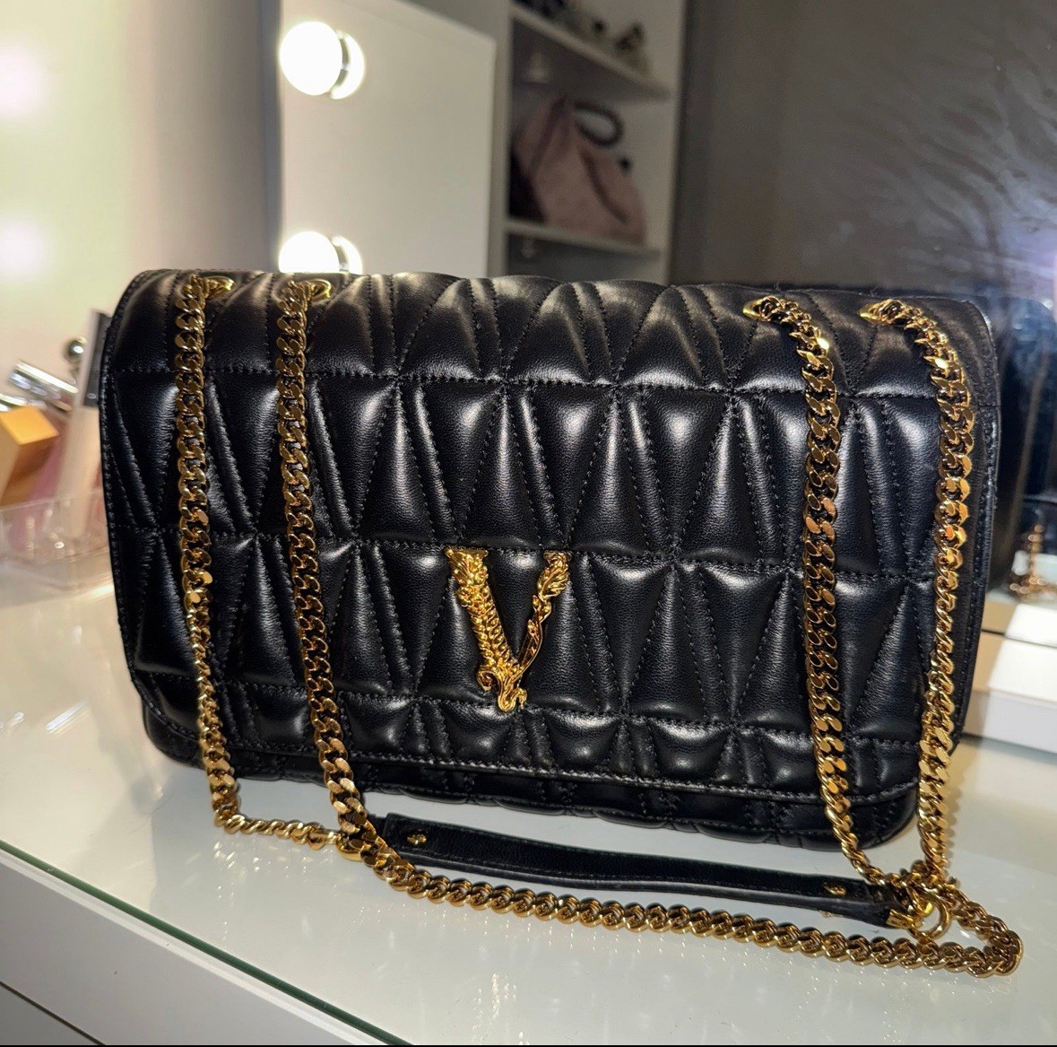 Versace Virtus Quilted Shoulder Bag Leather Black Gold Hardware